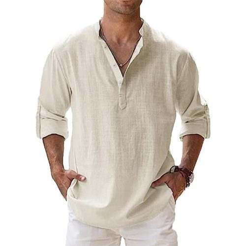 608ZNieuwe Katoenen Linnen Shirts Voor Mannen Casual Shirts Lichtgewicht Lange Mouw Henley Strand Shirts Hawaiian T