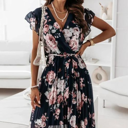 Chiffon Lange Mouw Bloemenprint Jurk Vrouwen 2021 Herfst Casual Diepe V hals Groen Geplooide Kantoor Jurken 99a13a18 378a 4bfa 8103 aee69cfa325a