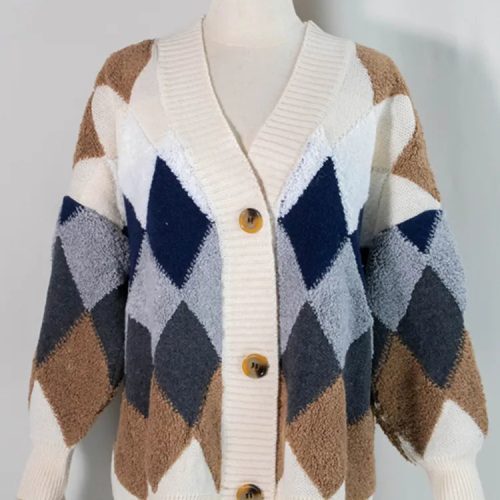 Colorfaith 2022 Plaid Chic Cardigans Button Puff Sleeve Checkered Oversized Women s Sweaters Winter Spring Sweater 607cd1aa a96f 45a5 8acd 375ef264313d