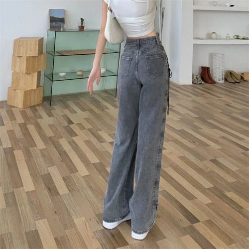 FpHZJeans Women Vintage High Waist Straight Denim Pants Female Autumn Winter New Chic Lace Up Design