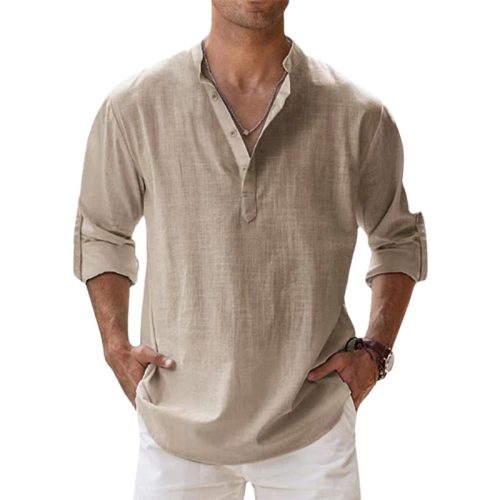 LfVDNieuwe Katoenen Linnen Shirts Voor Mannen Casual Shirts Lichtgewicht Lange Mouw Henley Strand Shirts Hawaiian T