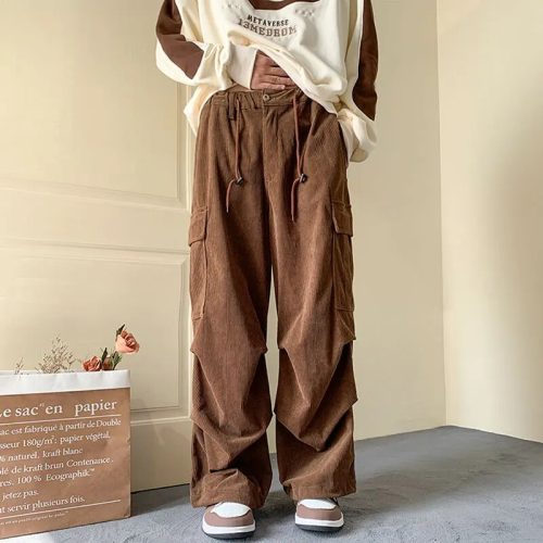 M2PwMen s Brown Y2K Baggy Japan Pants Oversized Corduroy Loose Wide Leg Cargo Pant Trousers Casual