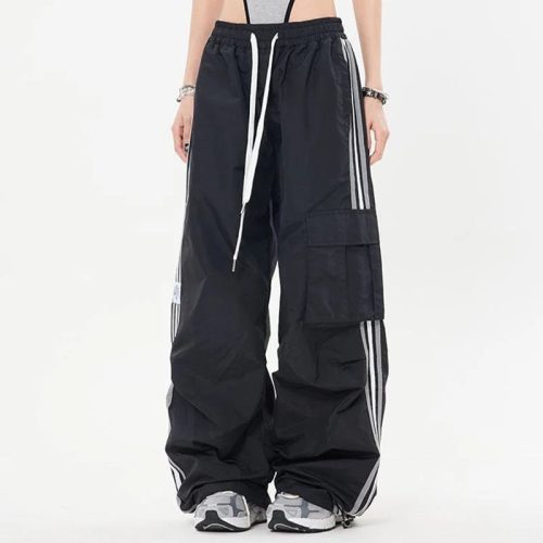 Pu2jY 2K Kpop Cargo Broek Vrouwen Trekkoord Zakken Wijde Pijpen Chique Punk Broek Baggy Gestreepte Sport