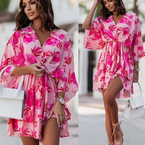 Xd7fVrouwen Sexy V hals Mini Jurken Zomer Boho Casual Bloemenprint Batwing Mouw Jurken Vrouwelijke Ruches Beach f81afd60 e916 417d 8b4b 6ef950408758