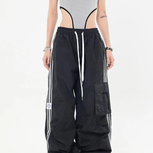 mYD2Y 2K Kpop Cargo Broek Vrouwen Trekkoord Zakken Wijde Pijpen Chique Punk Broek Baggy Gestreepte Sport