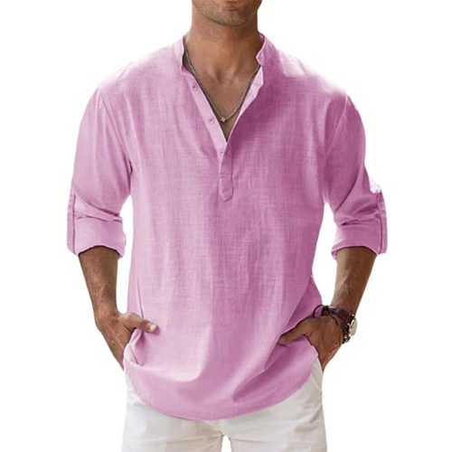 qfIqNieuwe Katoenen Linnen Shirts Voor Mannen Casual Shirts Lichtgewicht Lange Mouw Henley Strand Shirts Hawaiian T